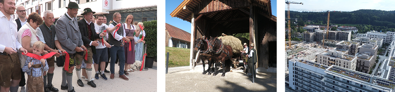 Szenen aus Auftragsfilmen: Bandschnitt in Tracht bei einer Eröffnung, Pferdegespann am Waaghäusl im Freilichtmuseum Glentleiten, Neubauquartier mit Baukränen