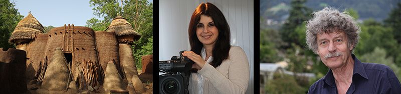Bildleiste: Lehmburg mit Strohdächern in Westafrika, lächelnde Frau mit Profi-Videokamera, Porträt von Rüdiger Lorenz
