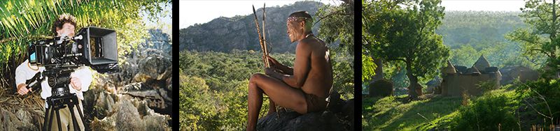 Bildleiste: Kameramann mit Kinokamera zwischen Felsen, Mann mit Pfeil und Bogen auf einem Felsen über dem Buschland, Rundhütten in grüner Landschaft