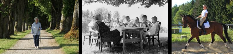 Bildleiste: ältere Frau beim Spaziergang in einer Allee, Kinder an einer Kaffeetafel im Garten auf einem Schwarzweißfoto, Reiterin auf einem braunen Pferd
