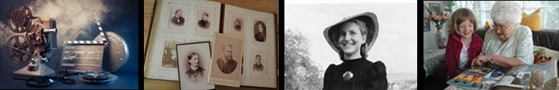 Beispiel 1: alter Filmprojektor mit Filmklappe, Fotoalbum mit historischen Porträts, junge Frau mit Hut auf einem alten Foto, Großmutter und Enkelin beim Betrachten eines Fotoalbums