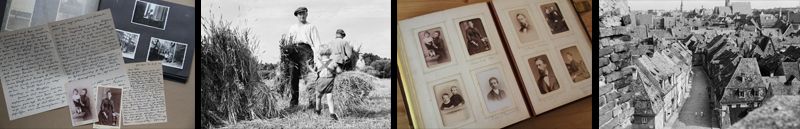 Beispiel 3: handgeschriebene Briefe mit alten Fotos, Getreideernte auf einem historischen Foto, Fotoalbum mit Porträts, Dächer einer Altstadt