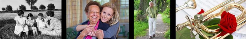 Beispiel 4: Familie auf einer Wiese auf einem historischen Foto, Großmutter und Enkelin in herzlicher Umarmung, älterer Mann auf einem Waldweg, Trompete mit roter Rose
