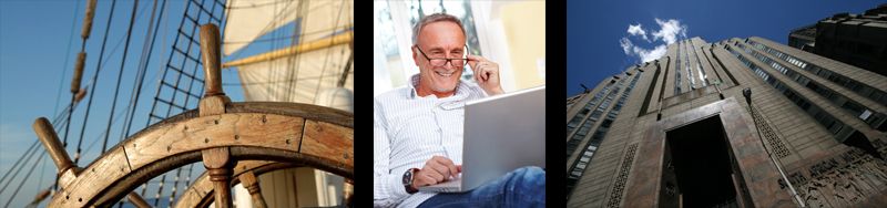 Bildleiste: Steuerrad eines Segelschiffs, Unternehmer mit Brille am Laptop, Hochhausfassade von unten gesehen