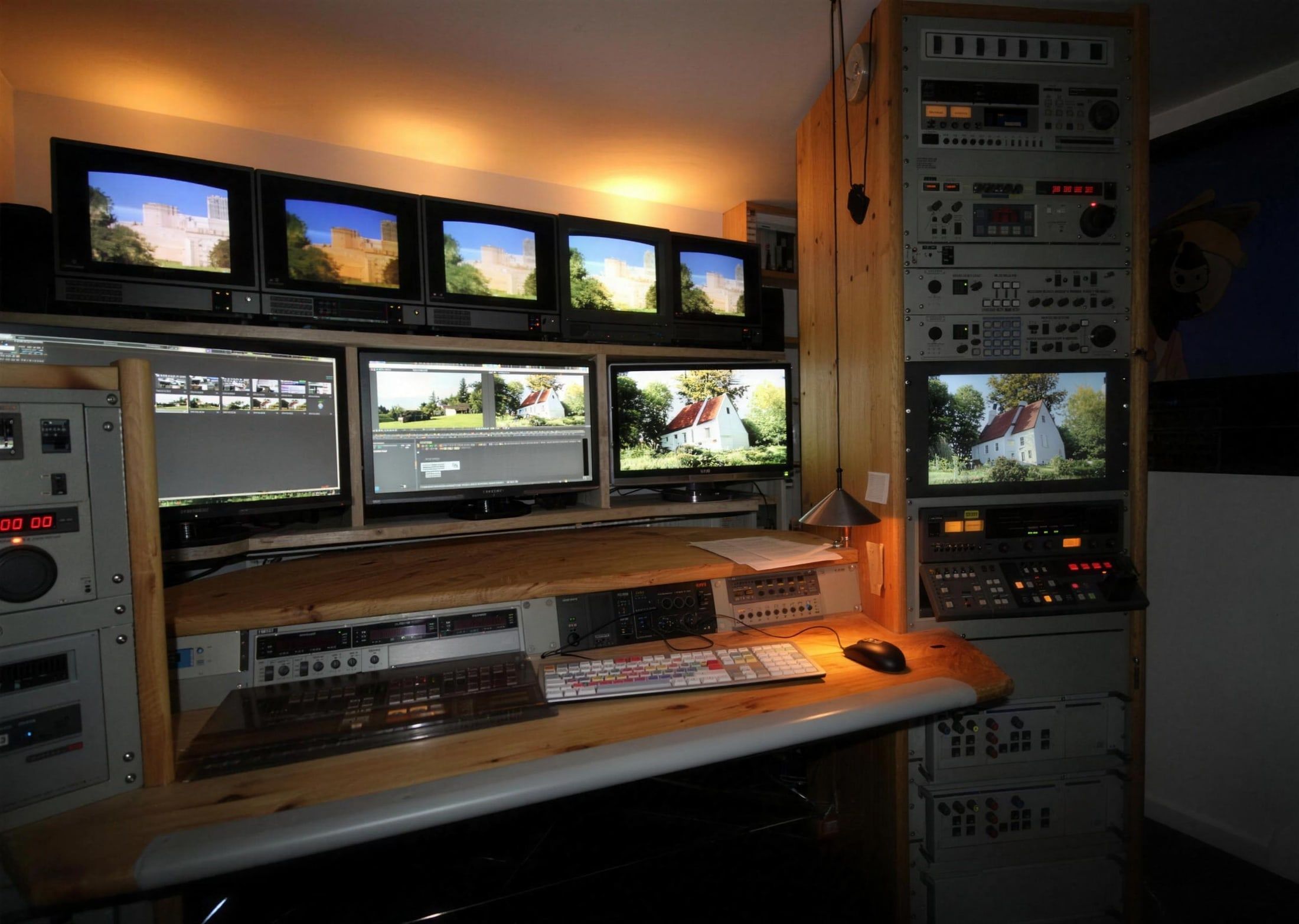 Schnittplatz mit mehreren Monitoren, Tastatur und Studiotechnik im warmen Licht