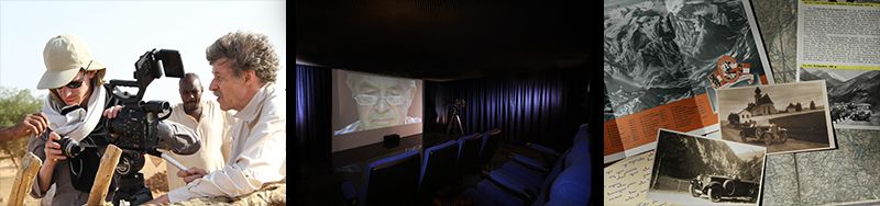 Bildleiste: Dreharbeiten mit Filmkamera im Freien, kleiner Kinosaal mit Leinwand und blauen Sesseln, historische Postkarten und Fotos von Oldtimern